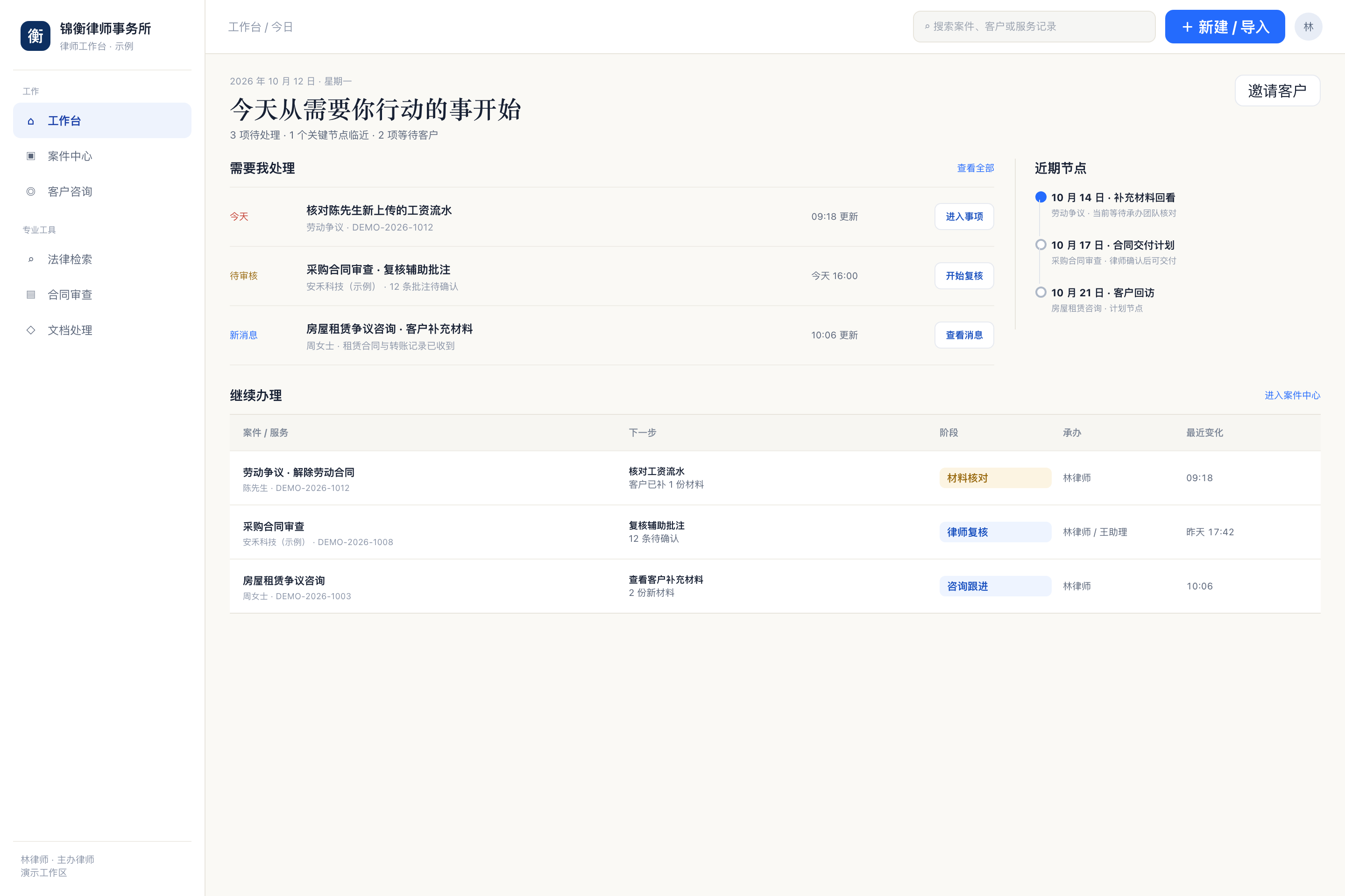 双源法律工作台界面示例，展示待处理事项、案件来源和协作业务